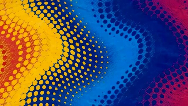 Abstract halftone dot pattern background with vibrant primary colors and dynamic wave motion for creative arts