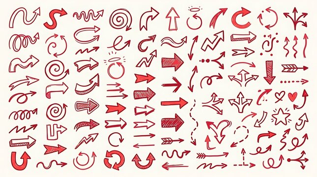 Collection of hand drawn red arrows and directional pointers for design elements and illustrations.