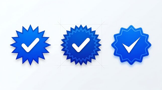 Three blue starburst badges with white check marks for verification and approval symbols.