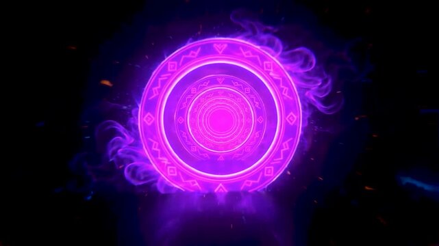 Abstract magical portal animation featuring glowing blue and purple runes moving through dark cosmic subspace