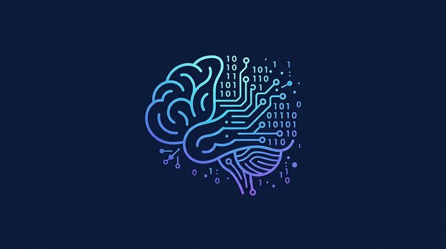 Abstract digital brain illustration with binary code and circuit board elements on dark blue background.