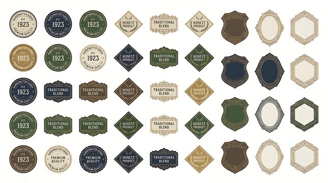 Assortment of modern circular and geometric badges with hand crafted and traditional blend text, green and beige colors.
