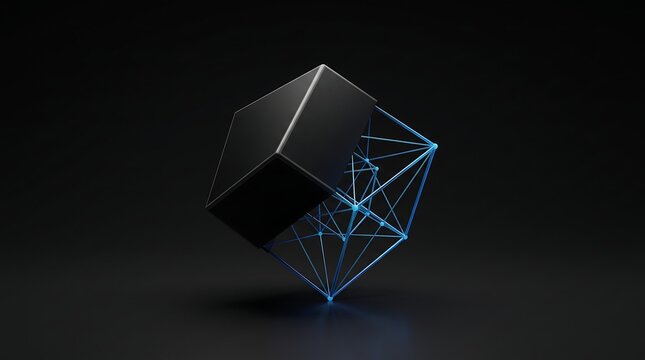 Abstract geometric composition featuring a black cube and glowing blue wireframe structure against a dark background