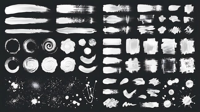 Collection of white paint brush strokes, textures, and splatters on black background for artistic and graphic design purposes.