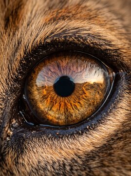 A mesmerizing and close-up view of an apex predator's eye, showcasing the intricate amber iris and the depth of its powerful gaze, reflecting the untamed spirit of the wild animal kingdom