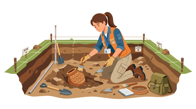Female archaeologist excavating ancient pottery artifacts at an organized archaeological dig site illustration