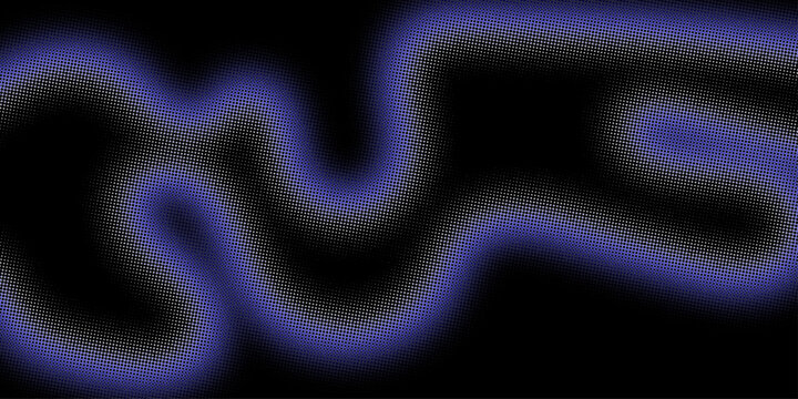 Abstract glowing violet blue neon waveform on black background, soft blurred organic light line with irregular flowing curves, futuristic energy signal texture for digital art and modern graphic desig