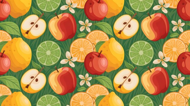 Vibrant repeating pattern featuring colorful fresh fruits like juicy apples and citrus slices