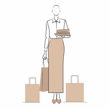 Elegant vector illustration of a woman carrying freshly folded garments and stylish shopping bags, depicting consumer lifestyle, fashion, and successful retail activities