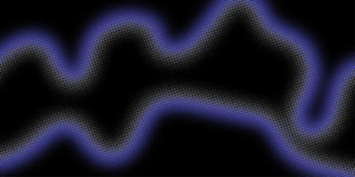 Abstract glowing violet blue neon waveform on black background, soft blurred organic light line with irregular flowing curves, futuristic energy signal texture for digital art and modern graphic desig
