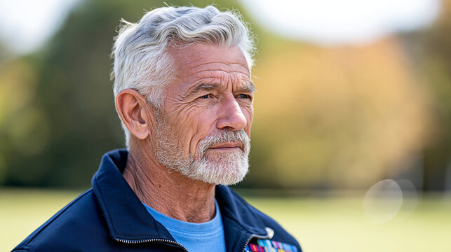 Respectful portrait of an elderly American military veteran wearing a simple navy blue jacket with service medals, standing outdoors in soft autumn sunlight, dignified expression,