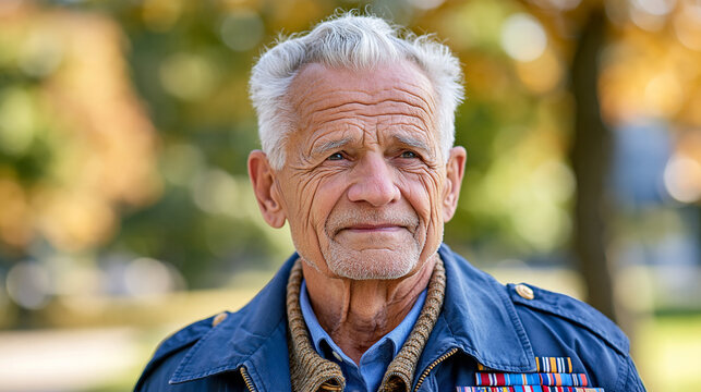 Respectful portrait of an elderly American military veteran wearing a simple navy blue jacket with service medals, standing outdoors in soft autumn sunlight, dignified expression,