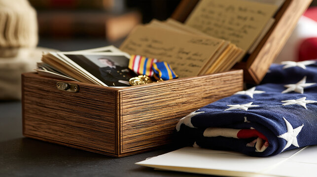 A small wooden keepsake box containing military photographs, service ribbons, handwritten letters, and a folded flag, family history, remembrance, personal heritage, Veterans Day