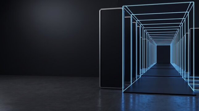 Abstract glowing neon cube corridor with a dark reflective floor and black background