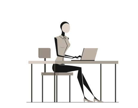 A stylized graphic illustration of a woman working on a laptop computer at an office desk