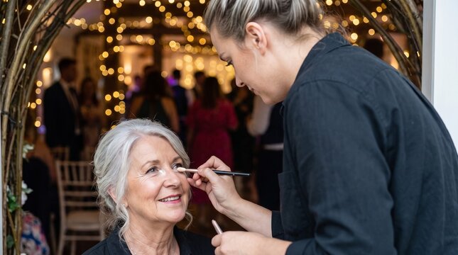Makeup artist applying eyeshadow to a smiling senior woman, preparing her for an elegant wedding reception or celebration under warm string lights