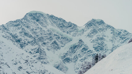 Snow-covered rocky peaks of Mount Cheget in Caucasus under pale winter sky with steep cornices and sparse trees © ossyffer