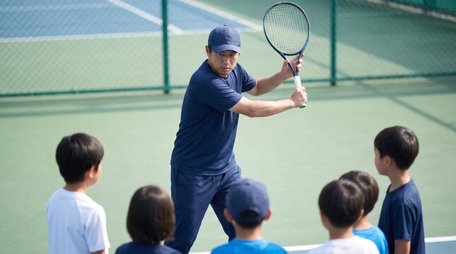 Asian male tennis coach demonstrating a forehand stroke, instructing a group of young students learning tennis techniques on an outdoor court during a sports lesson