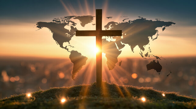 A cross stands in front of a world map with sunlight creating a bright glow behind it. The scene suggests a moment of reflection during sunset
