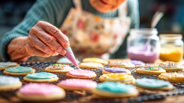 An elderly person decorates cookies with colorful icing in a kitchen. Jars of icing are nearby. The warm light fills the room as cookies cool