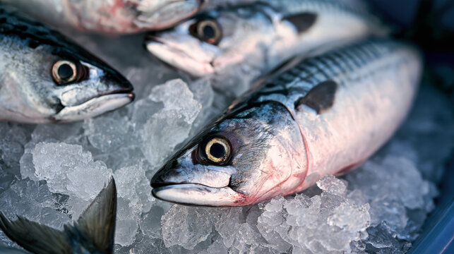 Several fresh mackerel lie on crushed ice in a blue container. A detailed view highlights the fish's features and the sheen of the ice