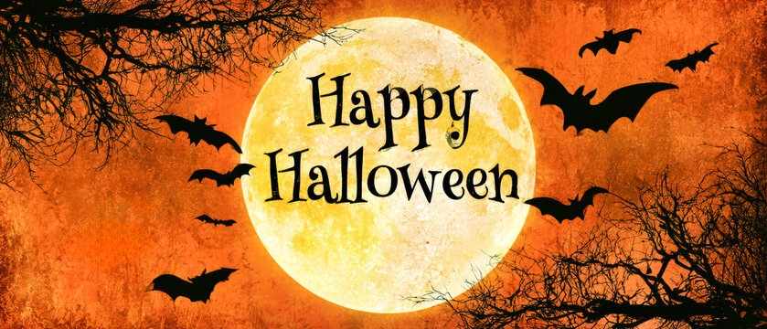A full moon shines behind a backdrop of bats and dark trees with Halloween text. The setting has an orange sky and a spooky vibe, inviting celebration
