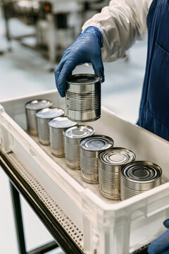A worker in a blue apron and gloves holds a silver can over a white crate at a canning plant. The crate contains metal cans stacked in rows