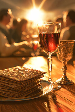 A Passover Seder table features large matzah on a platter, red wine, and guests gathered in the background under warm natural light
