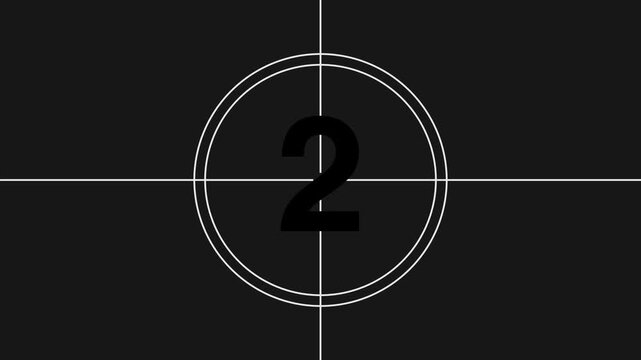 Classic film leader countdown animation featuring numbers two three one on a dark retro screen
