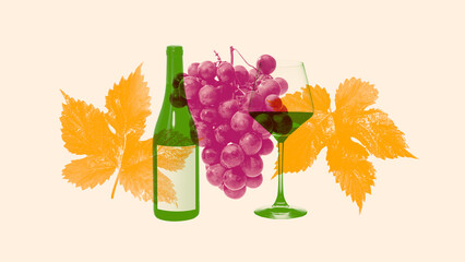 Fototapeta premium Tinted wine bottle, glass, grapes and vine leaves layered on cream background. Winery branding, vineyard tourism concept.