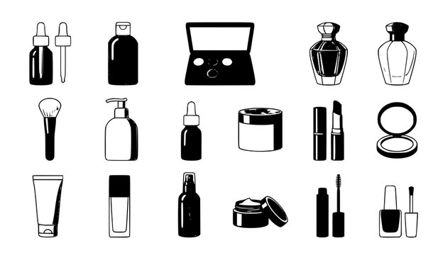 Makeup and beauty product set containing perfume bottles lipstick lotion cream jar mascara and nail polish