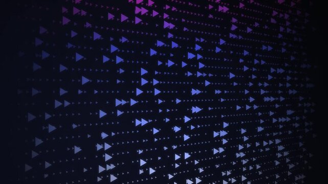 Abstract digital background featuring glowing blue and purple triangle symbols moving in rhythmic patterns across a dark futuristic cyberspace network grid environment