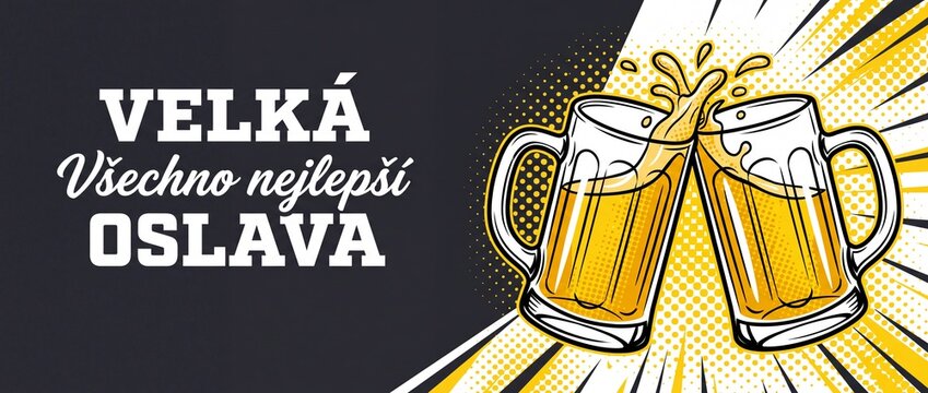Beer mugs clinking pop art style vector illustration banner for celebration toast happy birthday Oktoberfest party background with splashing lager splash halftone comic rays and copy space for text