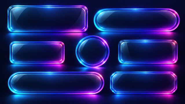 Glossy neon rectangular buttons with rounded corners and vibrant purple blue gradients for interactive web ui design.
