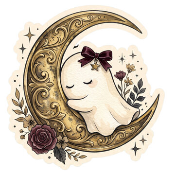 Halloween sticker of a tiny cream-colored ghost peacefully sleeping around a golden crescent moon