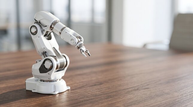 White robotic arm with articulated joints on a wooden table clean modern interior background