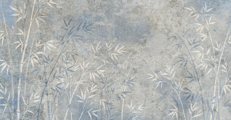 Watercolor bamboo wallpaper texture, blue grunge botanical wall mural, vintage floral background for interior design © PK