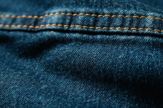 Macro texture of blue denim fabric showing detailed weave pattern and orange double stitching seam