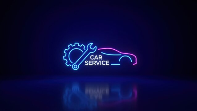 Neon car service logo with glowing blue gear and wrench icon next to pink vehicle silhouette