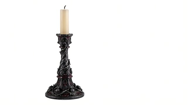 Ornate gothic candlestick holder with white wax candle for home interior decoration or halloween celebration on white surface