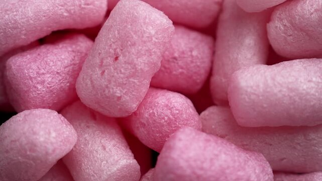 Falling pink foam packing peanuts. Protective packaging material