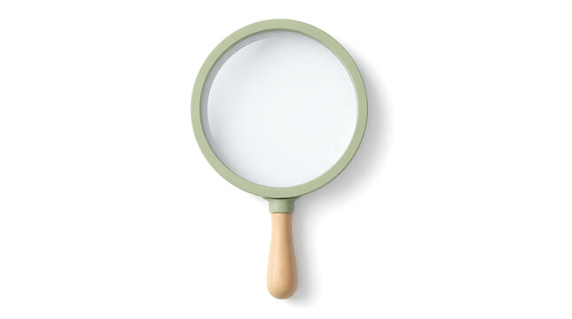 A minimalist magnifying glass with a light green frame and wooden handle isolated on white background.