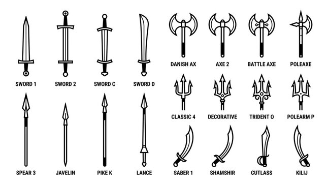 Collection of Medieval Weapon Illustrations on Transparent Background
