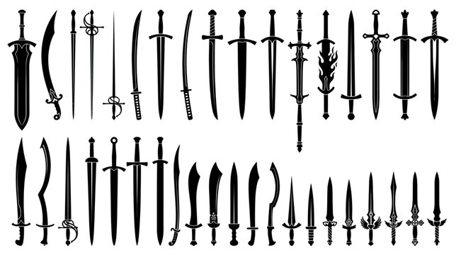 Collection of Various Sword Silhouettes Isolated