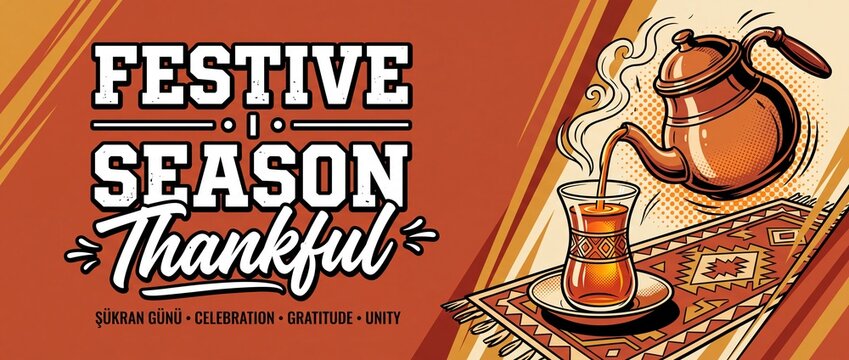 Turkish tea banner festive season Thanksgiving greeting illustration retro design with teapot pouring hot beverage into glass on carpet, ş&uuml;kran g&uuml;n&uuml; celebration gratitude vector background for holiday