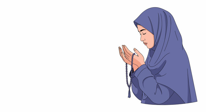 Illustration of a Muslim woman in a hijab praying with prayer beads, representing faith, devotion, and spiritual connection in Islamic culture and religion