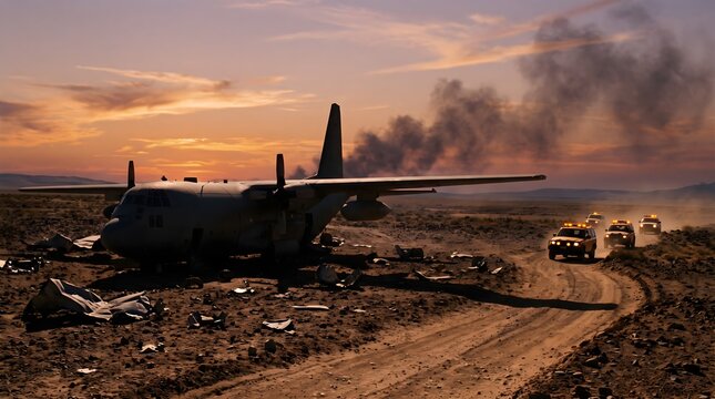 Military cargo aircraft grounded in remote desert landscape with emergency response vehicles approaching during sunset illumination