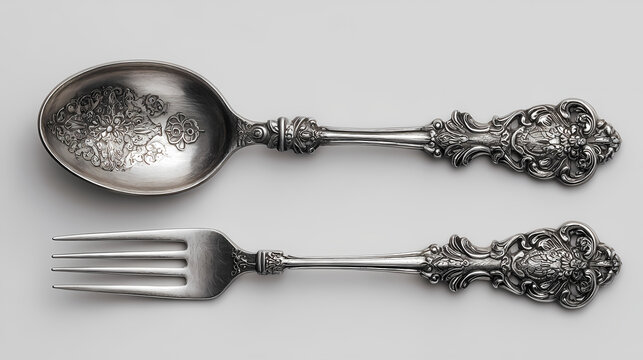 Embossed silver spoon and matching fork are arranged horizontally on a bright grey surface.