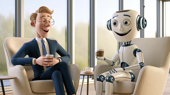 A positive businessman and his robot colleague are talking with cups in the office , 3D design, cartoon style, animation