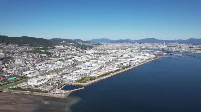 Aerial panorama of the Shoko Center district and Hiroshima Bay